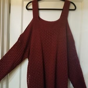Cold shoulder open knit tunic length sweater